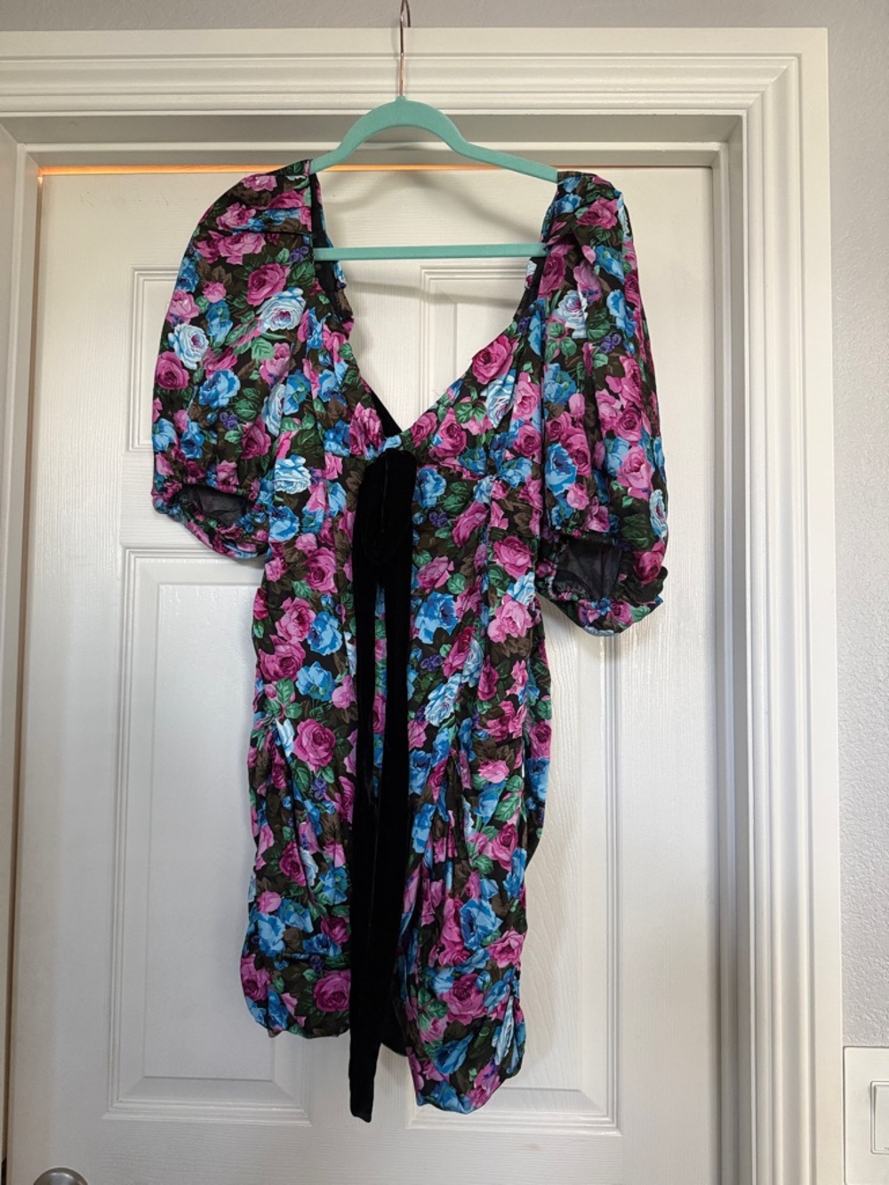 For Love & Lemons Mini Dress in Black with Pink and Blue Floral Print